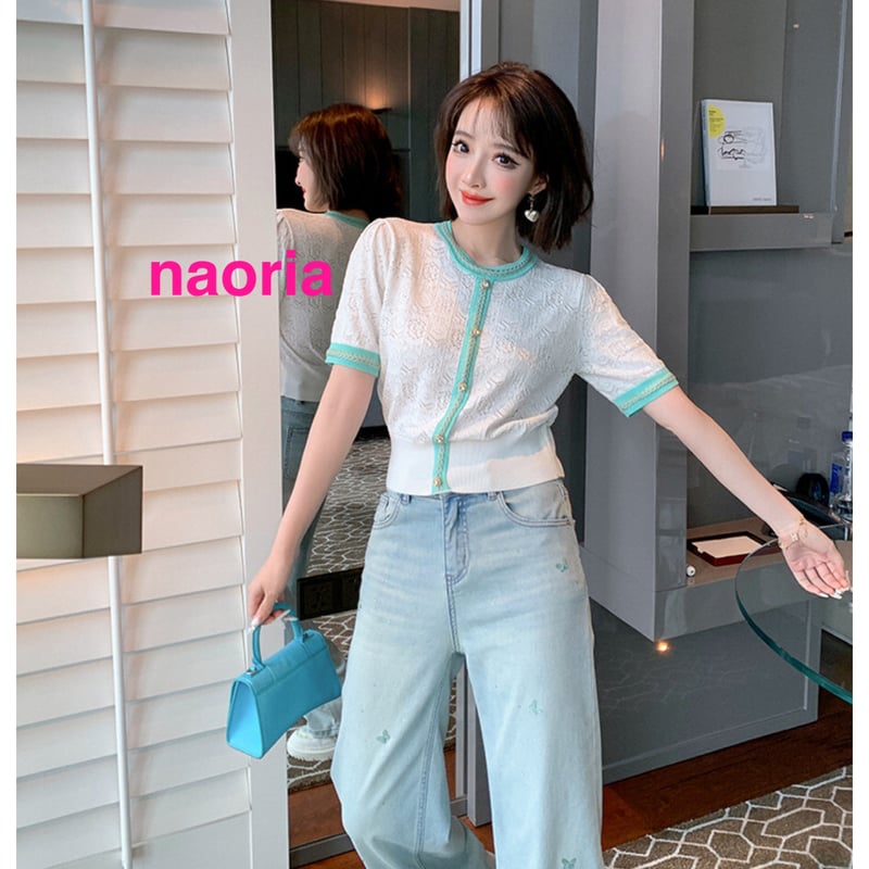 予約制 鍵編みトップス＋バタフライデニムパンツセット | naoria