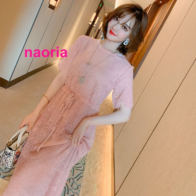 即納 インナーキャミ付き半袖レースロングワンピース | naoria