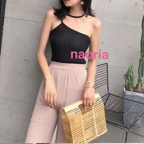 即納再入荷   ３色展開紐ワンショルリブニット