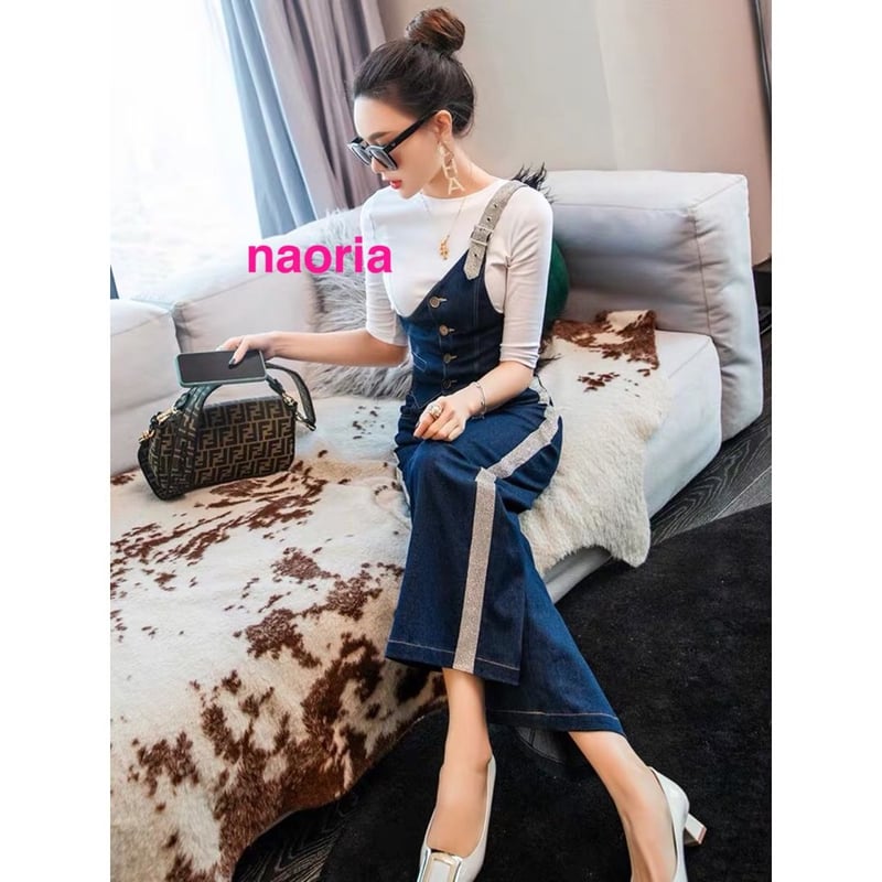 即納 ホワイトトップス＋ビジューデニムベスト＋パンツセット | naoria