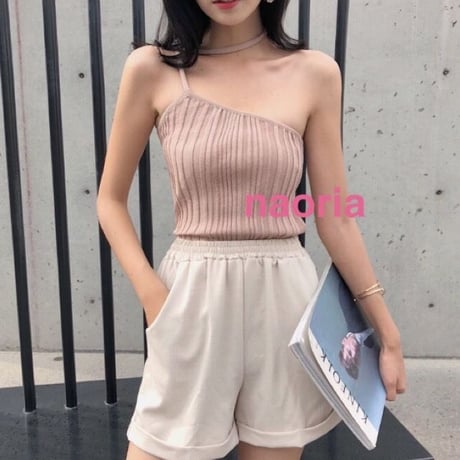 即納再入荷   ３色展開紐ワンショルリブニット