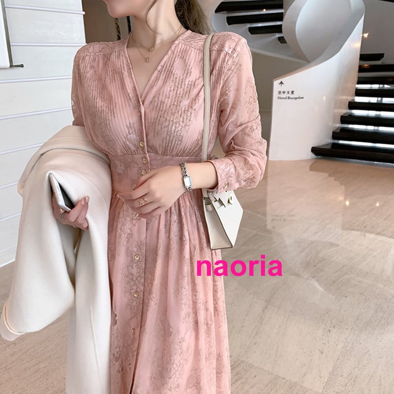即納 Vネックピンクレースワンピース | naoria