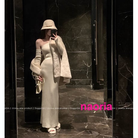 予約制  2色展開 肩出しリブニットロングワンピース