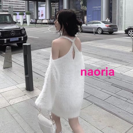 即納　4色展開　肩開きモヘア調ロングニット