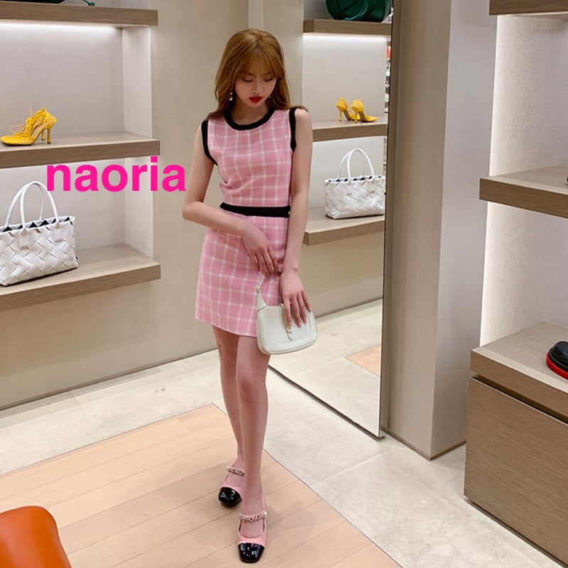 即納 チェックピンクノースリーブニット単品 | naoria 即納 チェックピンクノースリーブニット単品 | naoria