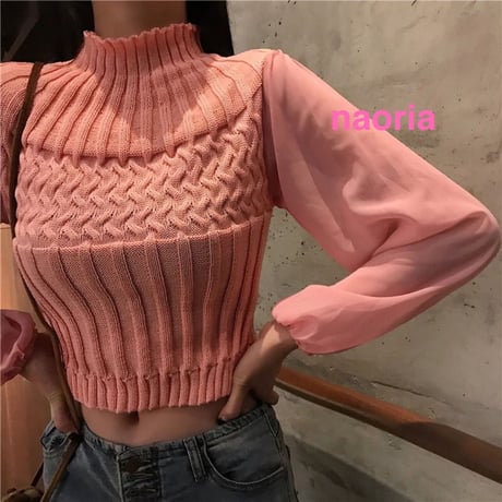 即納  ３色展開袖シースルーニット