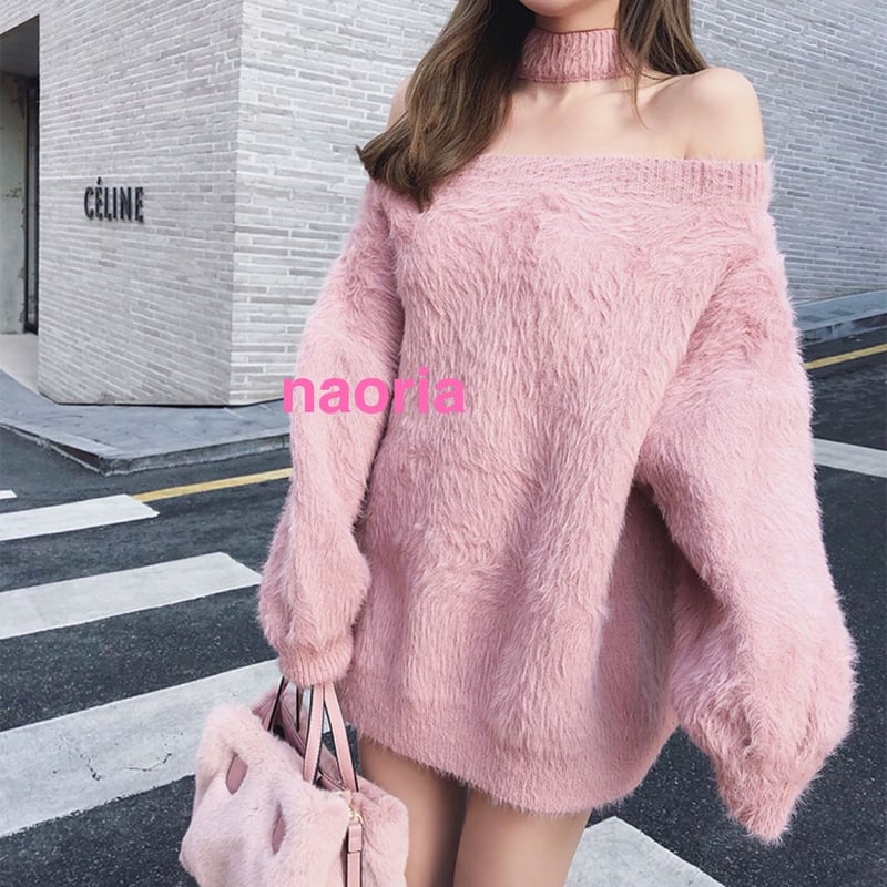 即納 2色展開ウィンターオフショルロングニット | naoria