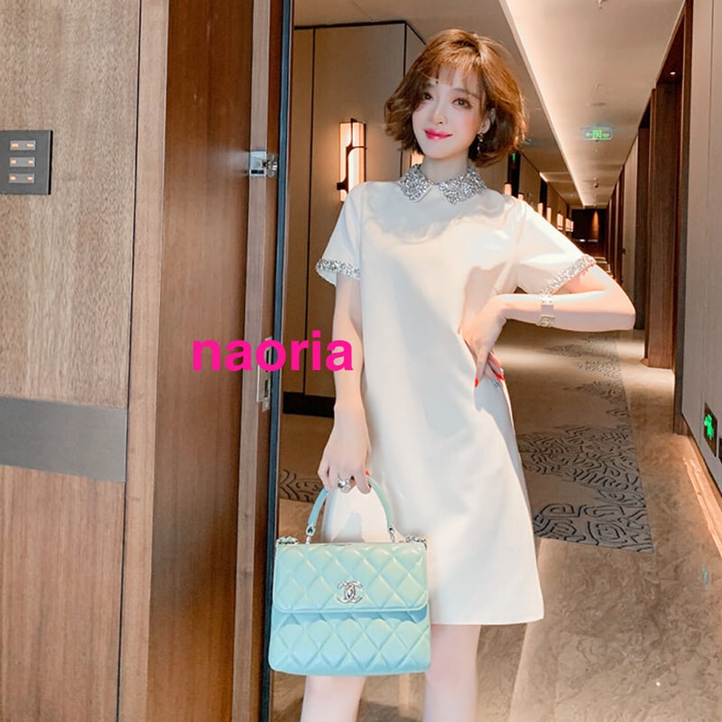 宇山　2017AW　ビジュー　白襟ワンピース　ピンク　　38 予約制 2色展開 ビジュー襟半袖ワンピース | naoria