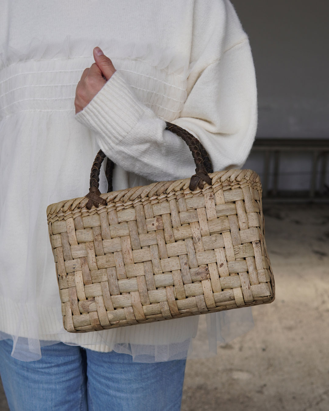 網代編み/表皮』沢胡桃樹皮のかごバッグ 横幅28cm (オズのかごバッグ