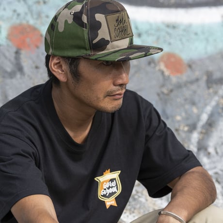 gold school logo woodland camo cap