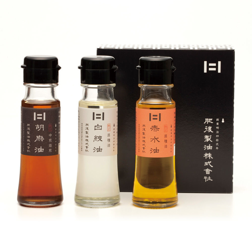 食用油ミニ詰合せ(3本セット)(45g胡麻油、白絞油、赤水油) | 肥後