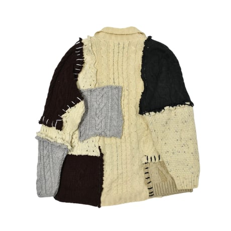 "Remake by VERS" Aran Knit Patch Design Zip Up Sweater