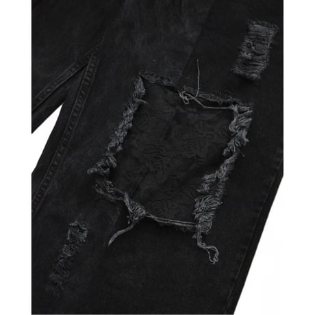 ”Remake by VERS”  Lace Panel Distressed Denim Trousers