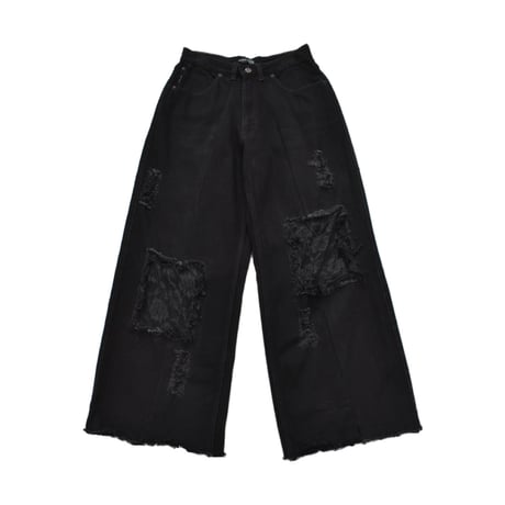 ”Remake by VERS” Lace Panel Distressed Denim Trousers