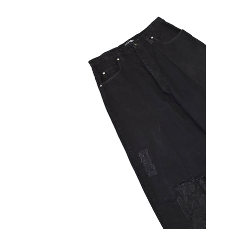 ”Remake by VERS” Lace Panel Distressed Denim Trousers