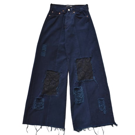 ”Remake by VERS” Lace Panel Distressed Denim Trousers