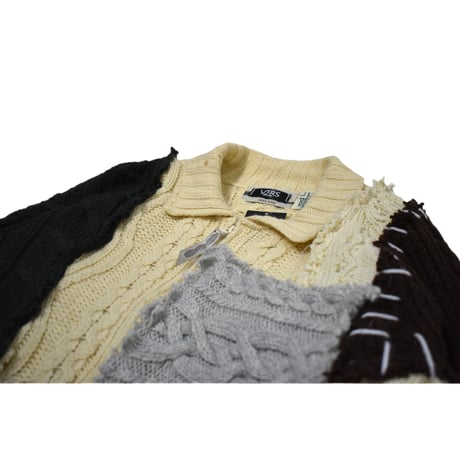 "Remake by VERS" Aran Knit Patch Design Zip Up Sweater
