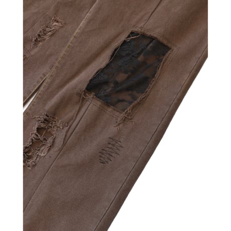 ”Remake by VERS” Lace Panel Distressed Denim Trousers
