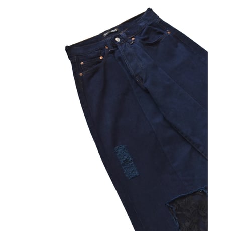 ”Remake by VERS” Lace Panel Distressed Denim Trousers