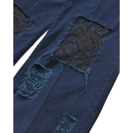 ”Remake by VERS” Lace Panel Distressed Denim Trousers