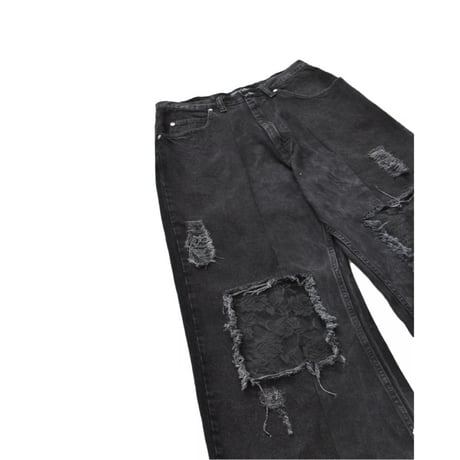”Remake by VERS”  Lace Panel Distressed Denim Trousers