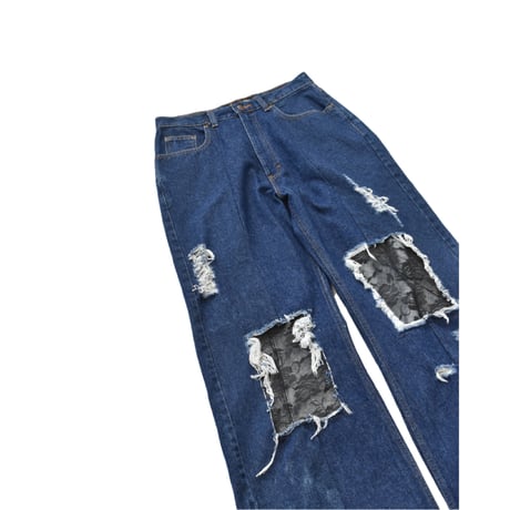 ”Remake by VERS”  Lace Panel Distressed Denim Trousers