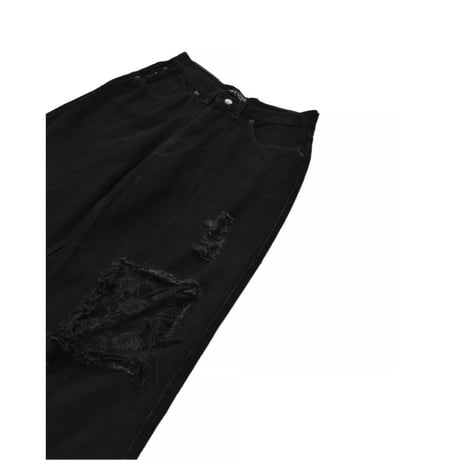 ”Remake by VERS” Lace Panel Distressed Denim Trousers