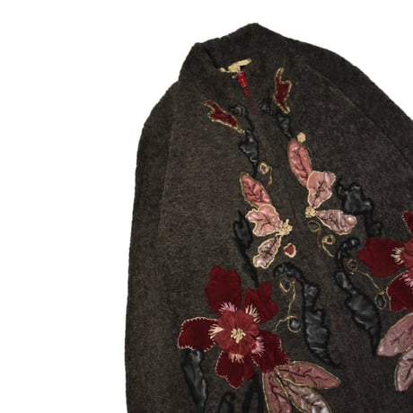 Vintage Handcrafted Leather Applique Flower Wool Jacket