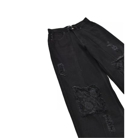 ”Remake by VERS” Lace Panel Distressed Denim Trousers