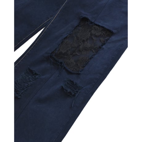 ”Remake by VERS” Lace Panel Distressed Denim Trousers