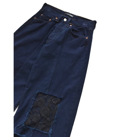 ”Remake by VERS” Lace Panel Distressed Denim Trousers