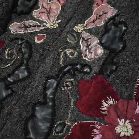 Vintage Handcrafted Leather Applique Flower Wool Jacket