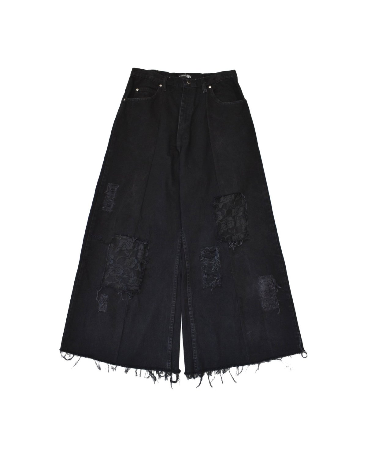 Remake by VERS” Lace Panel Distressed Denim Tr