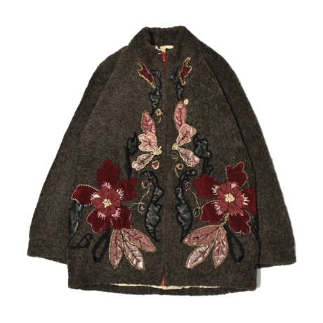 Vintage Handcrafted Leather Applique Flower Wool Jacket