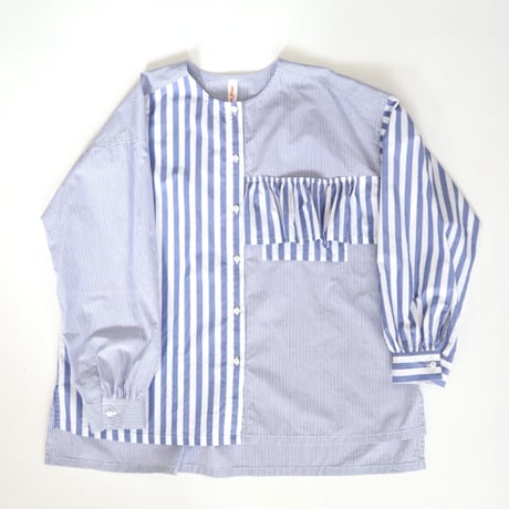 organic cotton frill pocket blouse  (blue stripe)