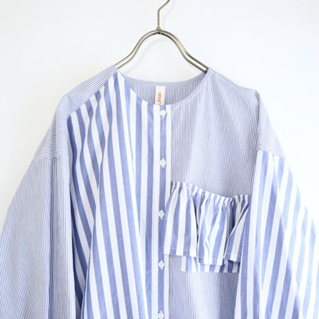 organic cotton frill pocket blouse  (blue stripe)