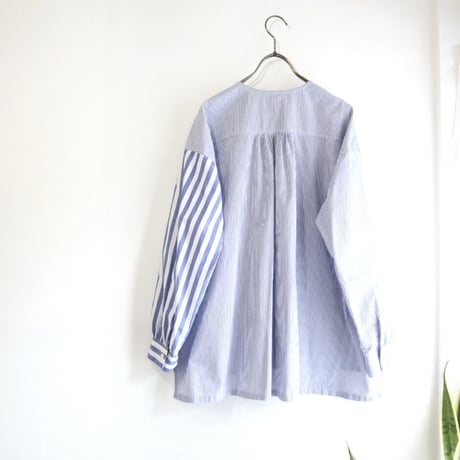 organic cotton frill pocket blouse  (blue stripe)
