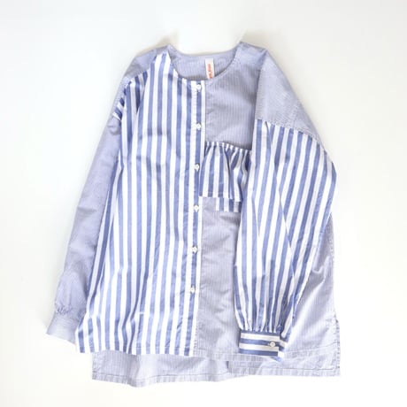 organic cotton frill pocket blouse  (blue stripe)