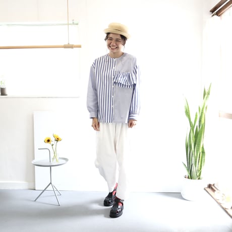 organic cotton frill pocket blouse  (blue stripe)