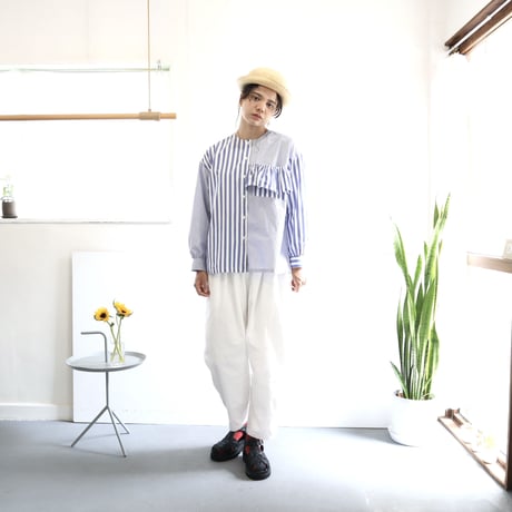 organic cotton frill pocket blouse  (blue stripe)