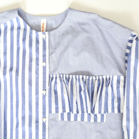 organic cotton frill pocket blouse  (blue stripe)
