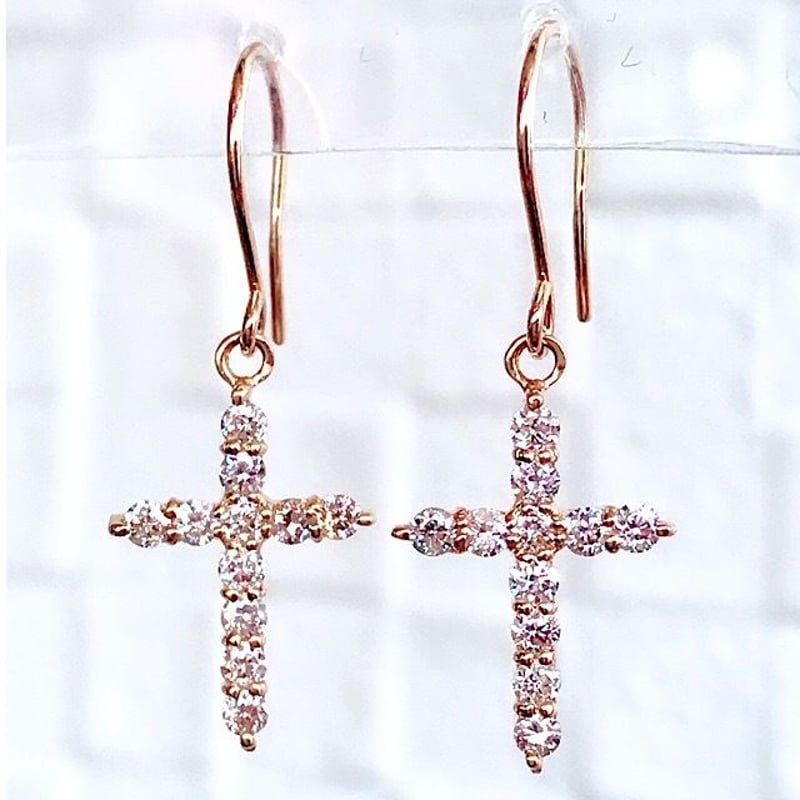天然ダイヤモンド K18/YG フック式 クロスピアス | sanlemojewelry