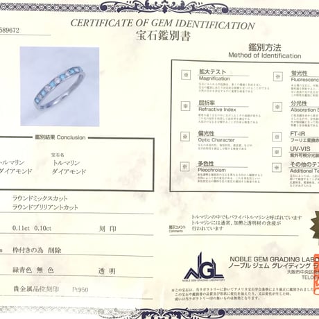 ブラジル産　天然パライバトルマリン　ダイヤモンドPT950リング（鑑別書付）