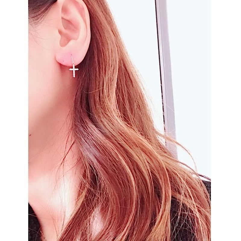 天然ダイヤモンド K18/YG フック式 クロスピアス | sanlemojewelry