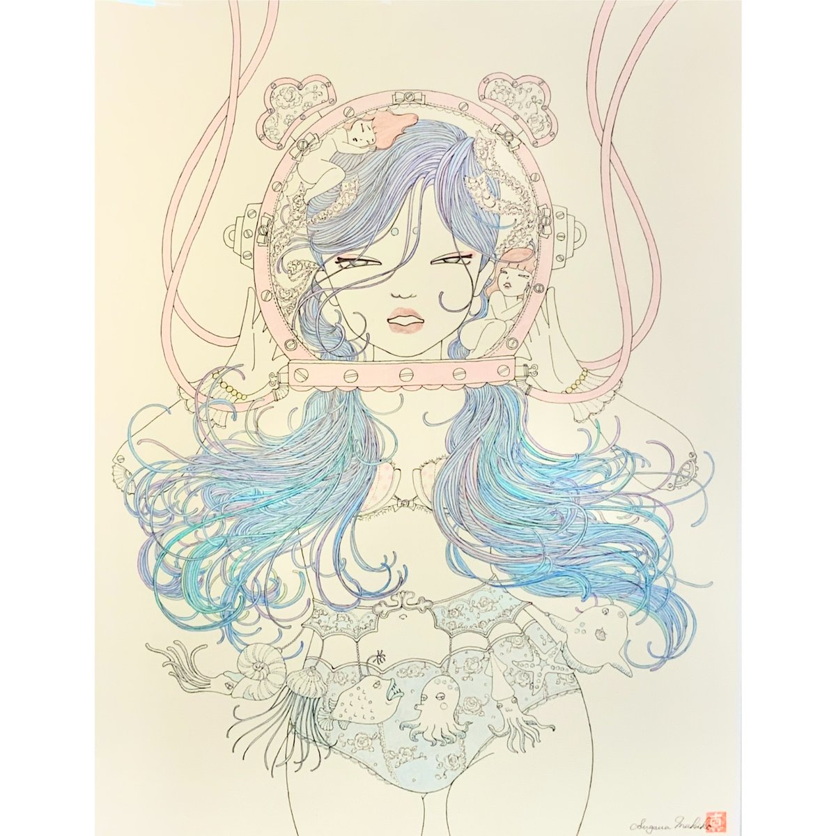 須川まきこ SUGAWA MAKIKO原画 cat woman 2009年制作 須川まきこ「正夢？」原画 sugawa makiko | SPACE YUI online shop