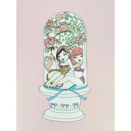 須川まきこ「ガラスドームとリボン」版画  （ラメ仕様）