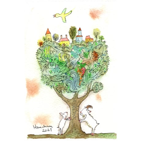 はんまけいこ「fish tree 小さな村がある」原画