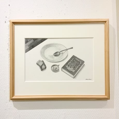 河井いづみ「カレー皿と本」  izumi kawai  原画