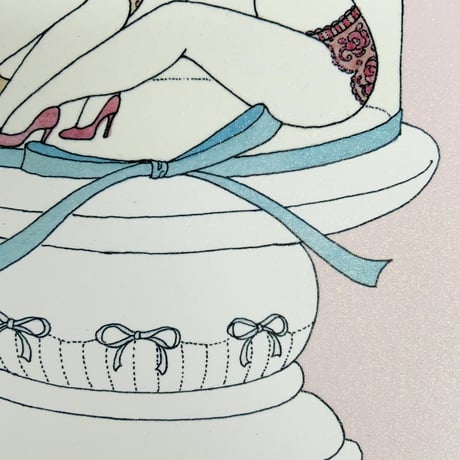 須川まきこ「ガラスドームとリボン」版画  （ラメ仕様）