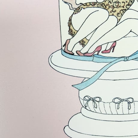 須川まきこ「ガラスドームとリボン」版画  （ラメ仕様）
